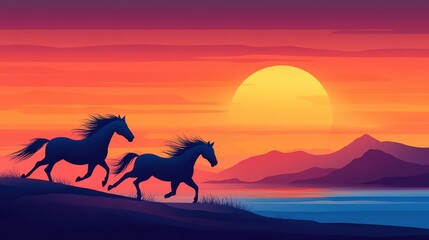 Fototapeta premium Witness the wild grace of horses galloping along the beach at sunset, capturing freedom and strength in natures embrace.