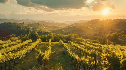 Fototapeta premium Sunset over rolling hills with vineyard in foreground