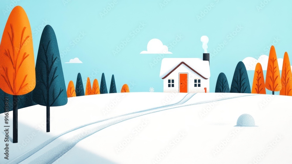 Wall mural A cozy house in a snowfield, blending warmth and charm in a modern cartoonstyle illustration.