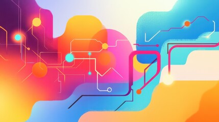 Naklejka premium Explore the vibrant world of modern tech where intricate circuits connect and innovate in cartoonstyle illustrations.