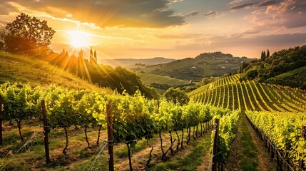 Fototapeta premium Golden Hour Sunset Over Rolling Hills of a Vineyard