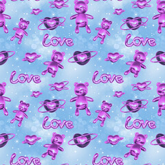 seamless pattern of bear character 3d metallic y2k chrome background repeatable cosmic wallpaper