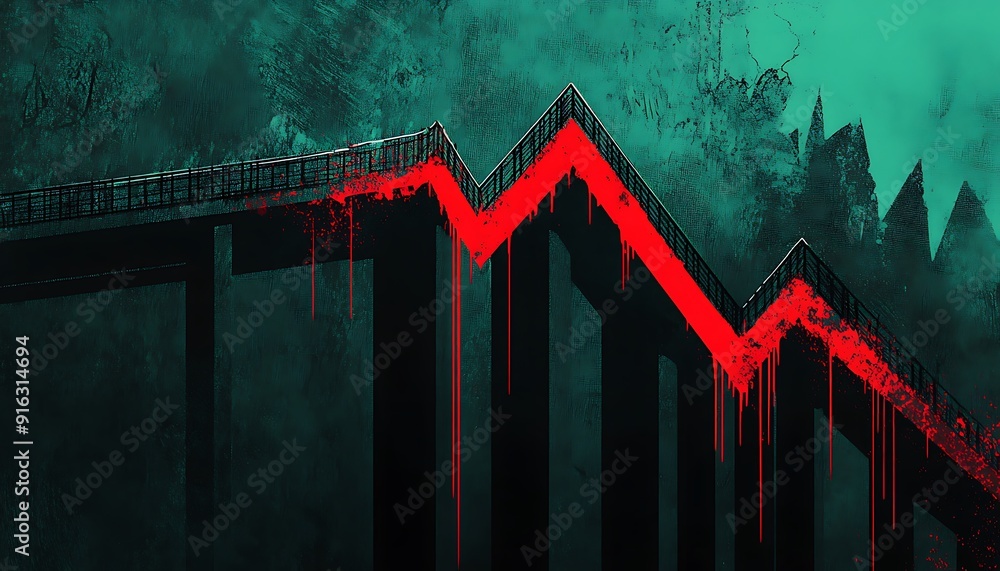 Poster illustration of a collapsing bridge under a downward-trending line symbolizing economic weakness