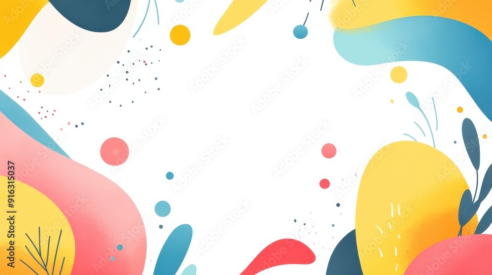 Poster vibrant abstract watercolor splashes create a dynamic and modern flat illustration with playful text