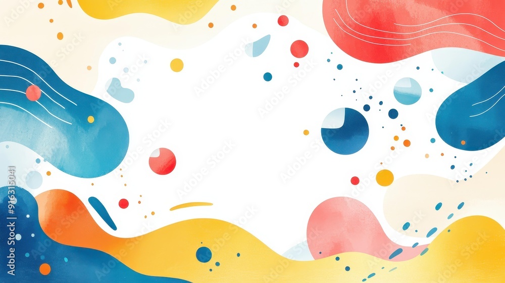 Poster vibrant abstract watercolor splashes create a dynamic and modern flat illustration with playful text