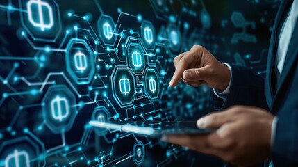 Hand Interacting with Digital Currency Network on a Tablet