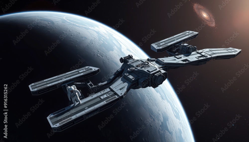 Poster spaceship orbiting a planet in space.