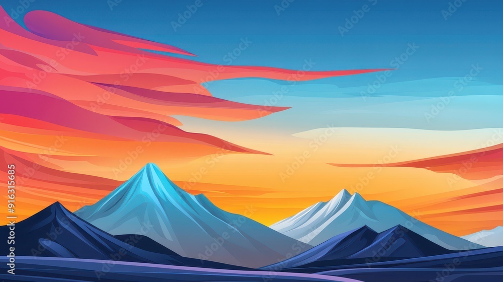 Poster A stunning mountain range at sunset, with snowcapped peaks glowing gold and clouds swirling around rugged cliffs.