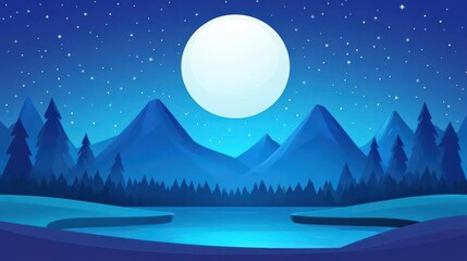Fototapeta premium A stunning mountain range glows under a luminous moon, with vibrant stars sparkling in a cartoonstyle night scene.