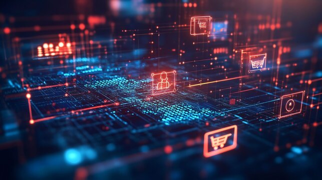 A futuristic digital interface featuring glowing shopping icons and data points, symbolizing advanced e-commerce, online transactions, and digital connectivity.
