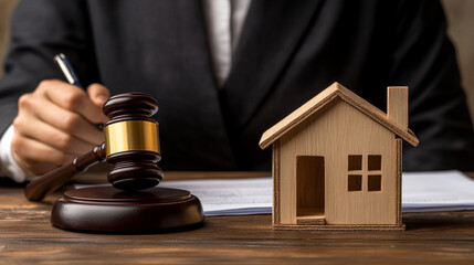 Male Judge Working with Gavel, Documents, and Toy House in Real Estate and Bankruptcy Cases