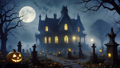 Halloween background with scary pumpkin candles in the graveyard at night with a castle background