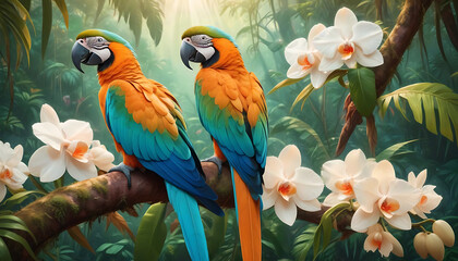 two parrots are sitting on a branch with flowers in the background