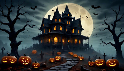 Halloween background with scary pumpkin candles in the graveyard at night with a castle background