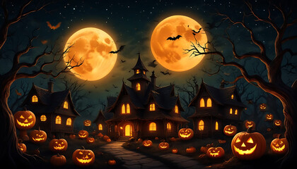 Halloween background with scary pumpkin candles in the graveyard at night with a castle background