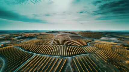 Aerial view of vast farmland with rows of crops stretching to the horizon under a cloudy sky.