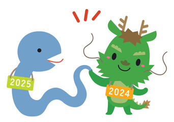 Obraz premium 巳年・辰年 干支交代キャラクターイラスト/ハイタッチ02・線なし