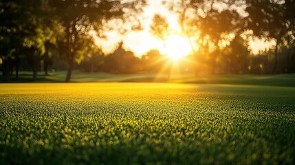 Obraz premium Golf course at sunrise, with golden light illuminating the grass and creating a peaceful atmosphere