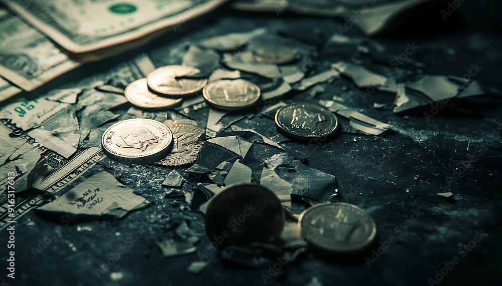 Aufkleber close-up photo of shattered currency notes and coins on dark surface symbolizing economic collapse