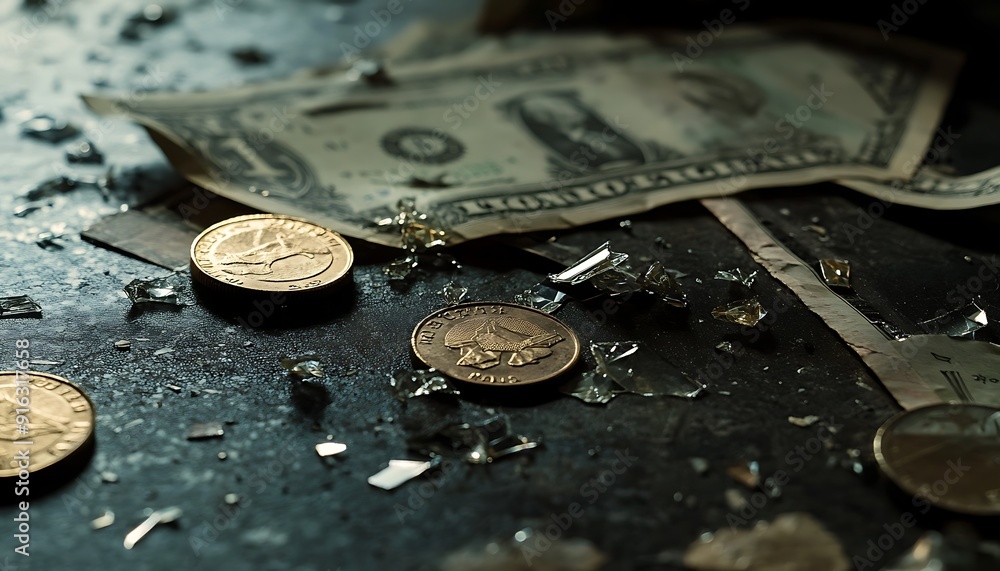 Poster Close-Up Photo of Shattered Currency Notes and Coins on Dark Surface Symbolizing Economic Collapse