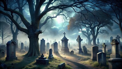 Spooky graveyard with tombstones, creepy trees, and fog , Halloween, background, cemetery, graveyard, spooky, eerie