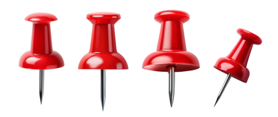 A collection of vibrant red pushpins, perfect for office, school, or craft use, showcasing their sharp metal points and plastic tops.