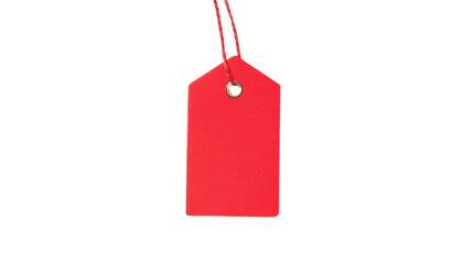 A vibrant red tag with a string, perfect for pricing, labeling, or crafting. Ideal for various creative projects and promotions.