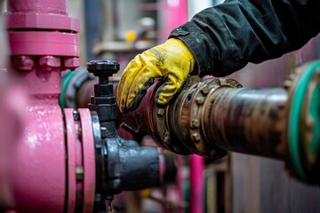 Fototapeta premium Constructor worker hand holding gas test leak detector device while commencing safety gas testing atmosphere at main entry and exit on confined space door