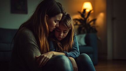 Fototapeta premium Mother Comforting Sad Child on Floor, Addressing Mental Health and Trauma