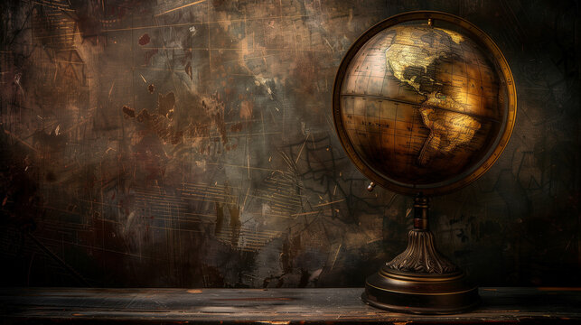 Antique globe on rustic background representing old-world geography and exploration
