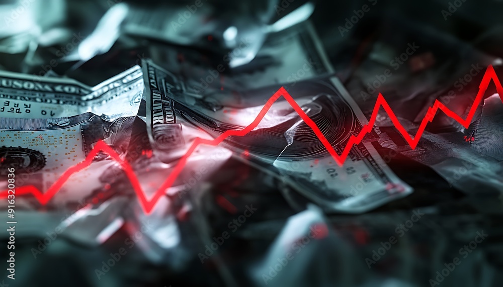 Poster 3D Rendering of Shattered Golden Coins Falling Apart Representing Currency Devaluation in Crisis