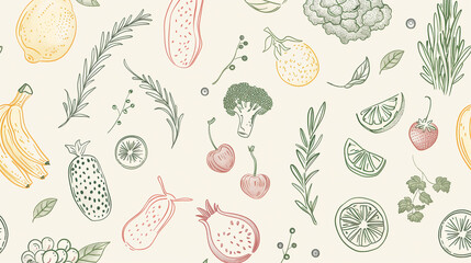 Hand-drawn fruit and vegetable pattern with pastel colors on light background