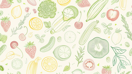 Hand-drawn fruit and vegetable pattern with pastel colors on light background