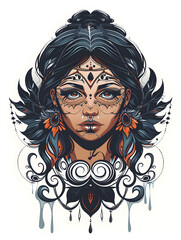 Native american Girl Head traditional tattoo illustration