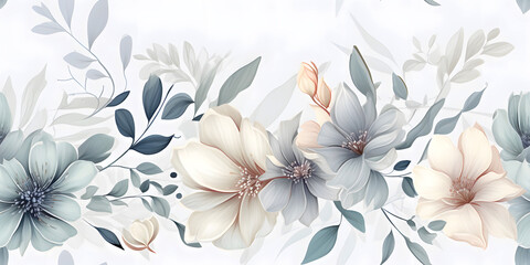 Seamless Watercolor Abstract Spring Natural Floral Blossom White, Pink, Red, Purple, and Blue Flower on a Branch Pattern With Delicate Plant and Flower Leaves Border on Lite Background