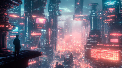 Smart city and big data connection technology concept with digital blue wavy wires with antennas on night megapolis city skyline background