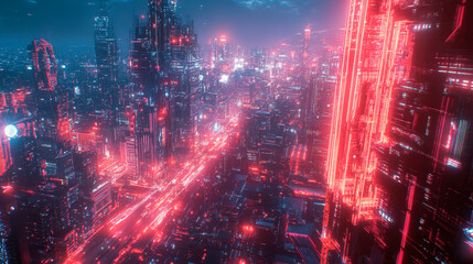 Smart city and big data connection technology concept with digital blue wavy wires with antennas on night megapolis city skyline background