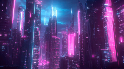 Smart city and big data connection technology concept with digital blue wavy wires with antennas on night megapolis city skyline background