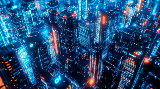 Smart city and big data connection technology concept with digital blue wavy wires with antennas on night megapolis city skyline background