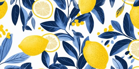 Vibrant Lemons and Blue Leaves Pattern on White Background: A Refreshing and Lively Design Perfect for Summer and Tropical Themes