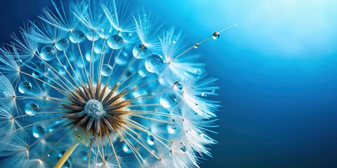Drops on dandelion seed with blue background, springtime, water droplets, nature, close-up, macro, delicate, plant, flower