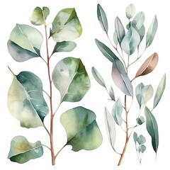 Watercolor painting of green leaves and branches on white background.