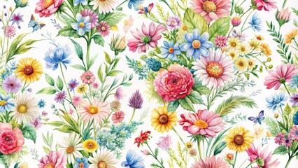 Seamless pattern of watercolor wildflowers in a summer bouquet , wildflowers, watercolor, seamless, pattern, summer