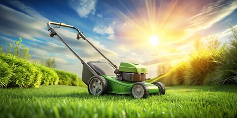 Fototapeta premium Modern electric green lawnmower on a sunny day in render, lawnmower, modern, electric, green, profile, sunny, day