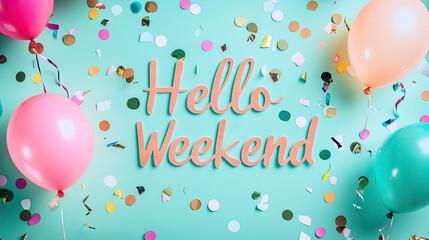 Hello Weekend Calligraphy With Blue and Balloons Background