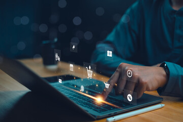 Person using laptop with online shopping icons and notifications. Concept of e-commerce and digital retail. Design for print and web