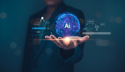 Hand holding virtual globe with AI graphics and chat icons. Digital interface concept for artificial intelligence and communication. Technology background for design and print