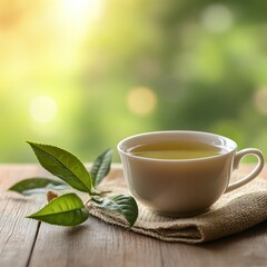 A cup of fragrant green tea decorated with young tea leaves on a wooden table, blurred background.