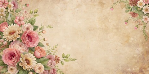 Vintage retro scrapbooking paper background with muted pink color adorned with retro flower bouquets, vintage