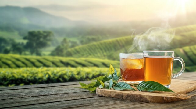Green tea cup and hot tea cup happiness drinking tea beautiful green tea plantation blur background